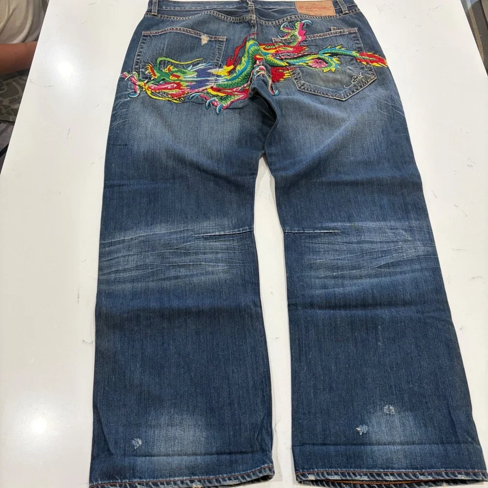 Ed Hardy Lot 2008 Mens Dragon Embroidered Jeans Blue Denim Size 40x32 Y2K